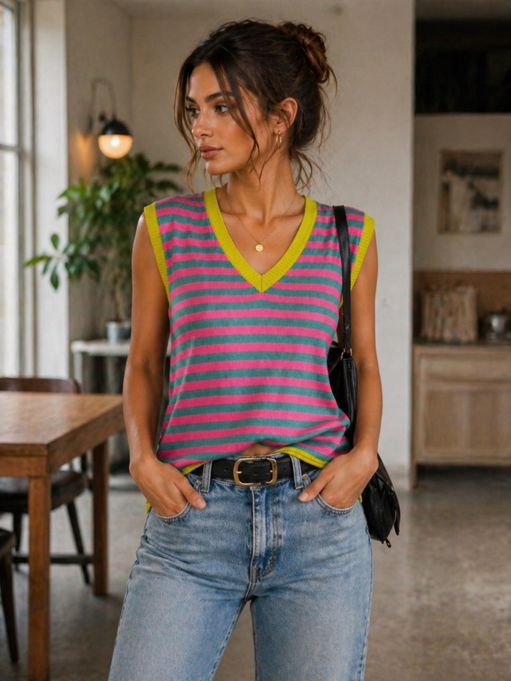 SAUKOLE Striped Knit Top Small Colorful V-Neck Sleeveless